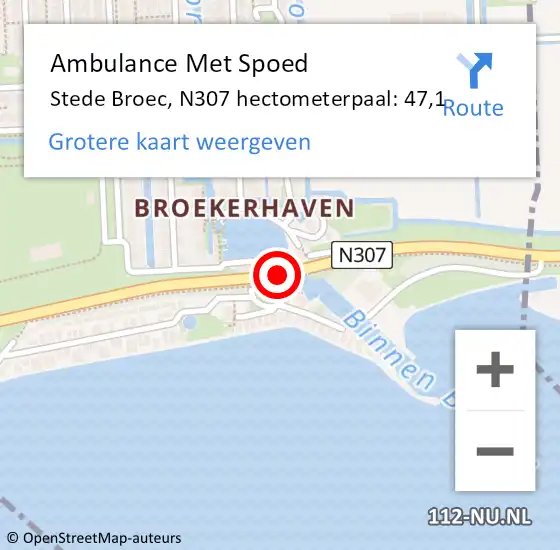 Locatie op kaart van de 112 melding: Ambulance Met Spoed Naar Stede Broec, N307 hectometerpaal: 47,1 op 17 juli 2023 15:48