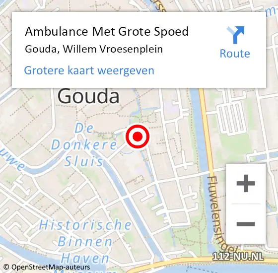 Locatie op kaart van de 112 melding: Ambulance Met Grote Spoed Naar Gouda, Willem Vroesenplein op 17 juli 2023 16:22