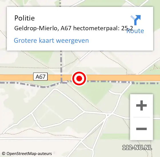 Locatie op kaart van de 112 melding: Politie Geldrop-Mierlo, A67 hectometerpaal: 25,2 op 17 juli 2023 19:13