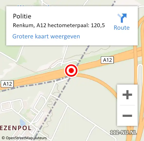 Locatie op kaart van de 112 melding: Politie Renkum, A12 hectometerpaal: 120,5 op 17 juli 2023 20:23