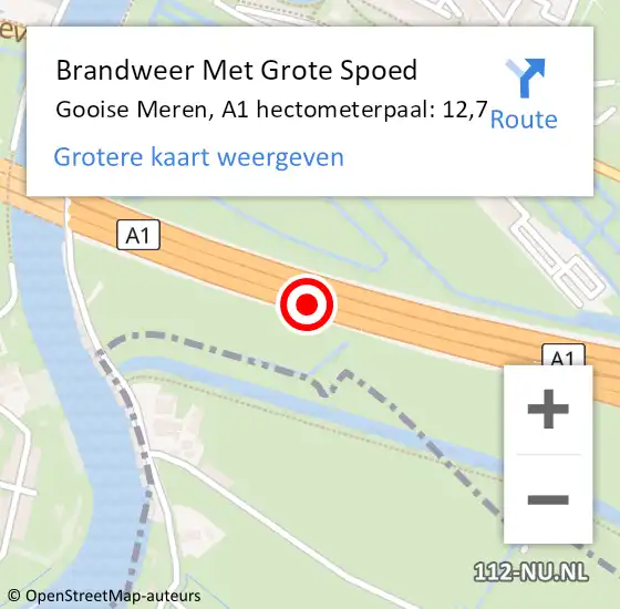 Locatie op kaart van de 112 melding: Brandweer Met Grote Spoed Naar Gooise Meren, A1 hectometerpaal: 12,7 op 18 juli 2023 08:08