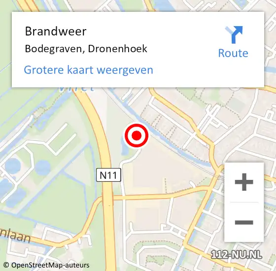 Locatie op kaart van de 112 melding: Brandweer Bodegraven, Dronenhoek op 18 juli 2023 09:13