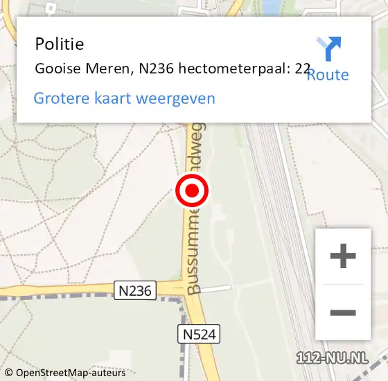 Locatie op kaart van de 112 melding: Politie Gooise Meren, N236 hectometerpaal: 22 op 18 juli 2023 10:17