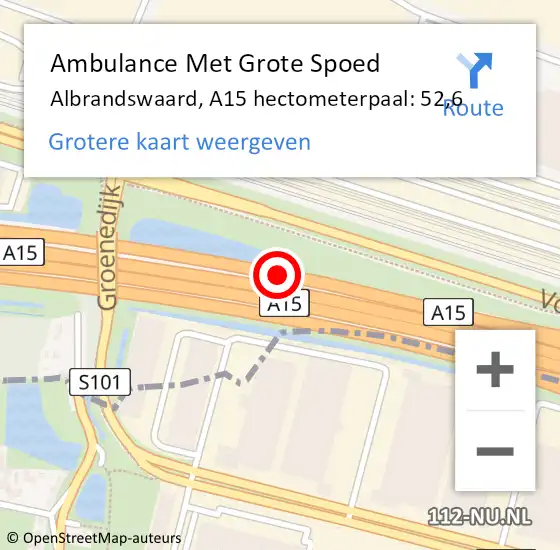 Locatie op kaart van de 112 melding: Ambulance Met Grote Spoed Naar Albrandswaard, A15 hectometerpaal: 52,6 op 18 juli 2023 11:04