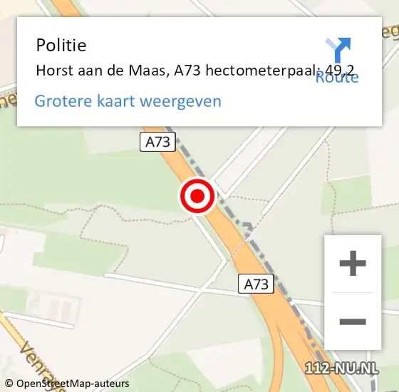 Locatie op kaart van de 112 melding: Politie Horst aan de Maas, A73 hectometerpaal: 49,2 op 18 juli 2023 11:08