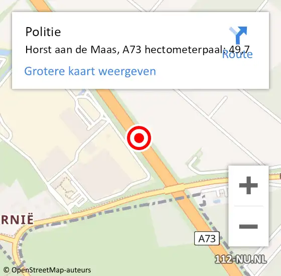 Locatie op kaart van de 112 melding: Politie Horst aan de Maas, A73 hectometerpaal: 49,7 op 18 juli 2023 11:08