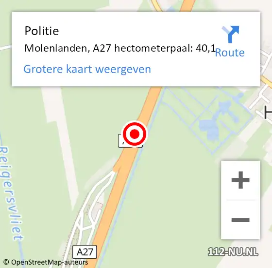 Locatie op kaart van de 112 melding: Politie Molenlanden, A27 hectometerpaal: 40,1 op 18 juli 2023 11:10
