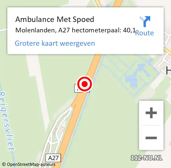 Locatie op kaart van de 112 melding: Ambulance Met Spoed Naar Molenlanden, A27 hectometerpaal: 40,1 op 18 juli 2023 11:12