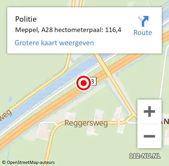 Locatie op kaart van de 112 melding: Politie Meppel, A28 hectometerpaal: 116,4 op 18 juli 2023 13:50