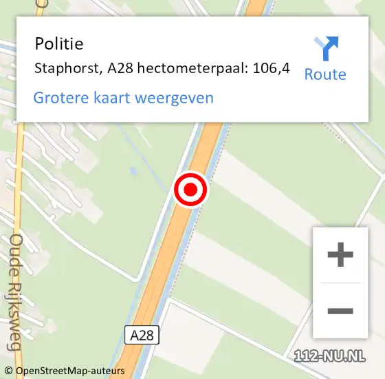 Locatie op kaart van de 112 melding: Politie Staphorst, A28 hectometerpaal: 106,4 op 18 juli 2023 13:50