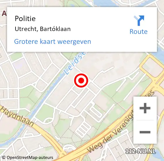 Locatie op kaart van de 112 melding: Politie Utrecht, Bartóklaan op 18 juli 2023 13:53