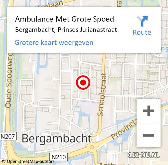 Locatie op kaart van de 112 melding: Ambulance Met Grote Spoed Naar Bergambacht, Prinses Julianastraat op 18 juli 2023 14:33