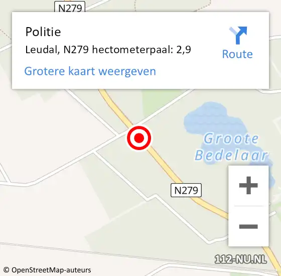 Locatie op kaart van de 112 melding: Politie Leudal, N279 hectometerpaal: 2,9 op 18 juli 2023 14:43