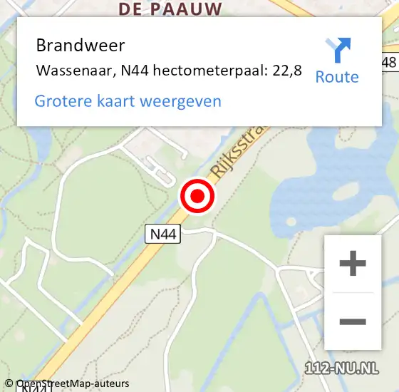 Locatie op kaart van de 112 melding: Brandweer Wassenaar, N44 hectometerpaal: 22,8 op 18 juli 2023 14:54