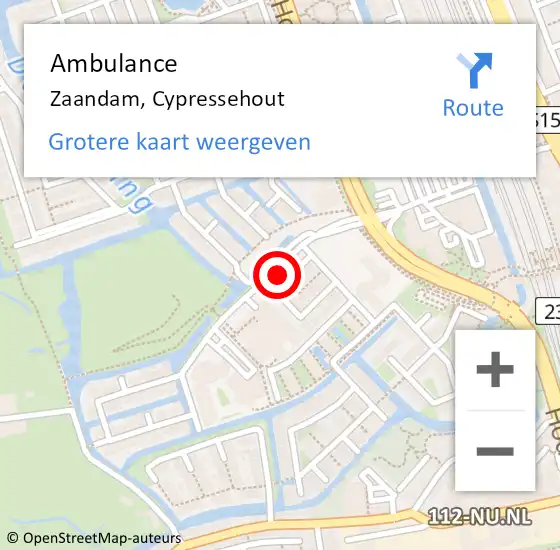 Locatie op kaart van de 112 melding: Ambulance Zaandam, Cypressehout op 18 juli 2023 15:12