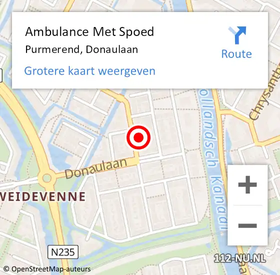 Locatie op kaart van de 112 melding: Ambulance Met Spoed Naar Purmerend, Donaulaan op 18 juli 2023 15:59