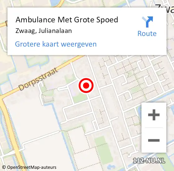 Locatie op kaart van de 112 melding: Ambulance Met Grote Spoed Naar Zwaag, Julianalaan op 18 juli 2023 16:24