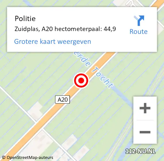 Locatie op kaart van de 112 melding: Politie Zuidplas, A20 hectometerpaal: 44,9 op 18 juli 2023 16:46