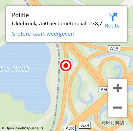 Locatie op kaart van de 112 melding: Politie Oldebroek, A50 hectometerpaal: 238,7 op 18 juli 2023 17:14