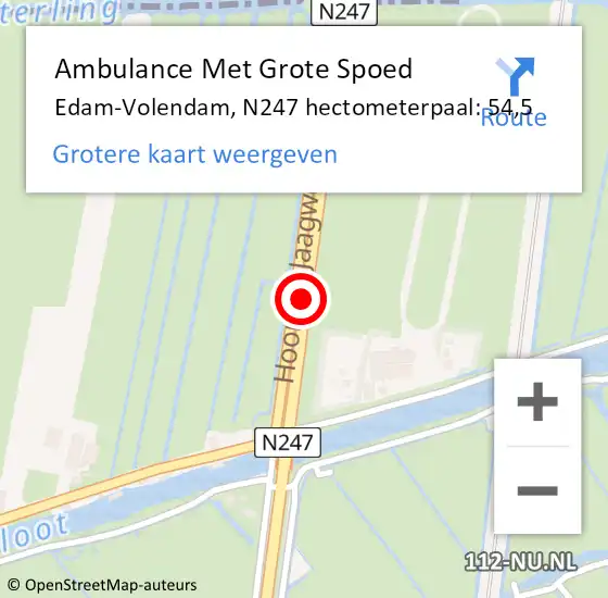 Locatie op kaart van de 112 melding: Ambulance Met Grote Spoed Naar Edam-Volendam, N247 hectometerpaal: 54,5 op 18 juli 2023 17:21
