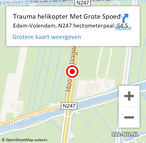 Locatie op kaart van de 112 melding: Trauma helikopter Met Grote Spoed Naar Edam-Volendam, N247 hectometerpaal: 54,5 op 18 juli 2023 17:21