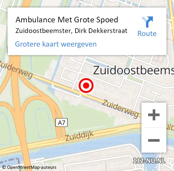 Locatie op kaart van de 112 melding: Ambulance Met Grote Spoed Naar Zuidoostbeemster, Dirk Dekkerstraat op 18 juli 2023 20:39