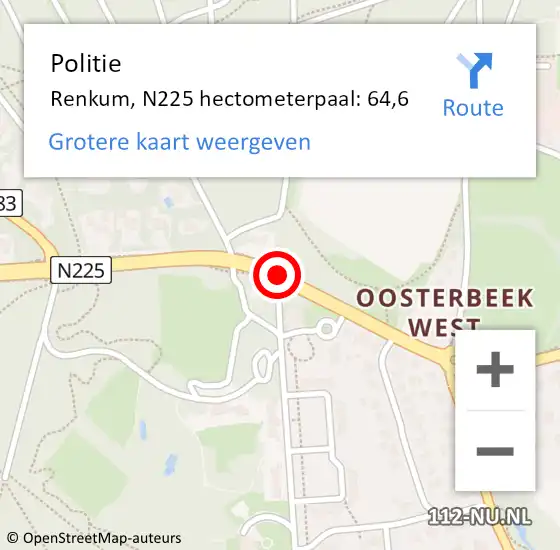 Locatie op kaart van de 112 melding: Politie Renkum, N225 hectometerpaal: 64,6 op 18 juli 2023 22:20