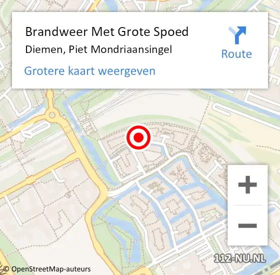 Locatie op kaart van de 112 melding: Brandweer Met Grote Spoed Naar Diemen, Piet Mondriaansingel op 19 juli 2023 00:22