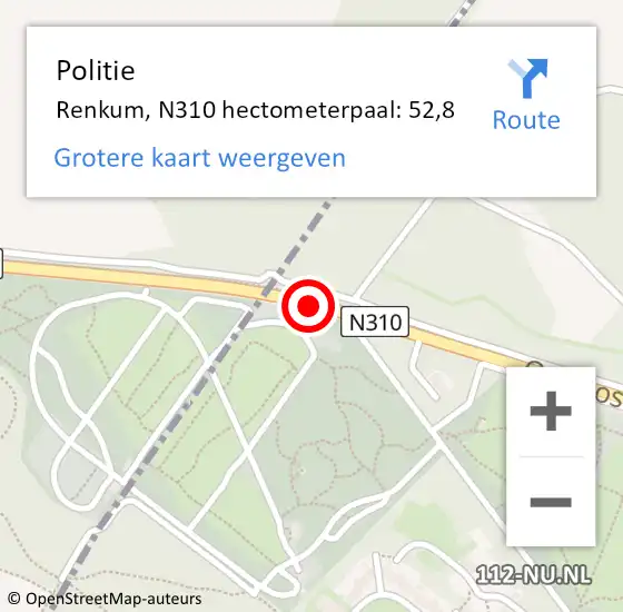 Locatie op kaart van de 112 melding: Politie Renkum, N310 hectometerpaal: 52,8 op 19 juli 2023 06:53