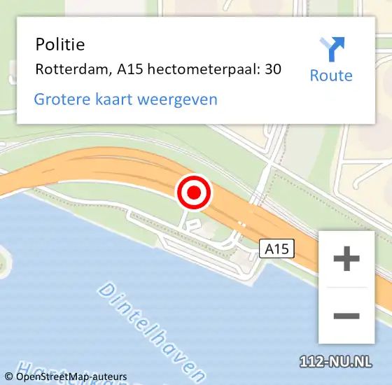 Locatie op kaart van de 112 melding: Politie Rotterdam, A15 hectometerpaal: 30 op 19 juli 2023 08:50