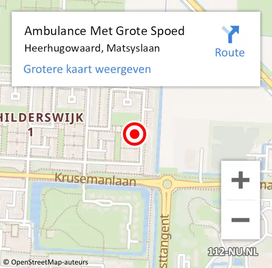 Locatie op kaart van de 112 melding: Ambulance Met Grote Spoed Naar Heerhugowaard, Matsyslaan op 19 juli 2023 09:29