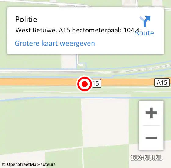 Locatie op kaart van de 112 melding: Politie West Betuwe, A15 hectometerpaal: 104,4 op 19 juli 2023 10:12