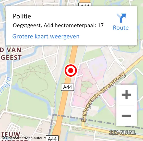 Locatie op kaart van de 112 melding: Politie Oegstgeest, A44 hectometerpaal: 17 op 19 juli 2023 10:33