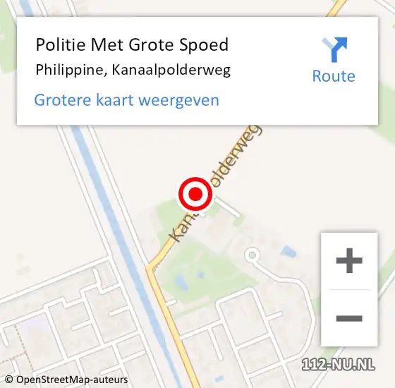 Locatie op kaart van de 112 melding: Politie Met Grote Spoed Naar Philippine, Kanaalpolderweg op 19 juli 2023 13:18