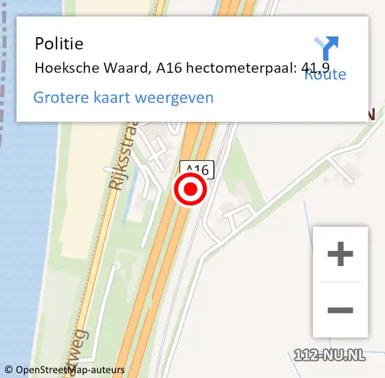 Locatie op kaart van de 112 melding: Politie Hoeksche Waard, A16 hectometerpaal: 41,9 op 19 juli 2023 14:05