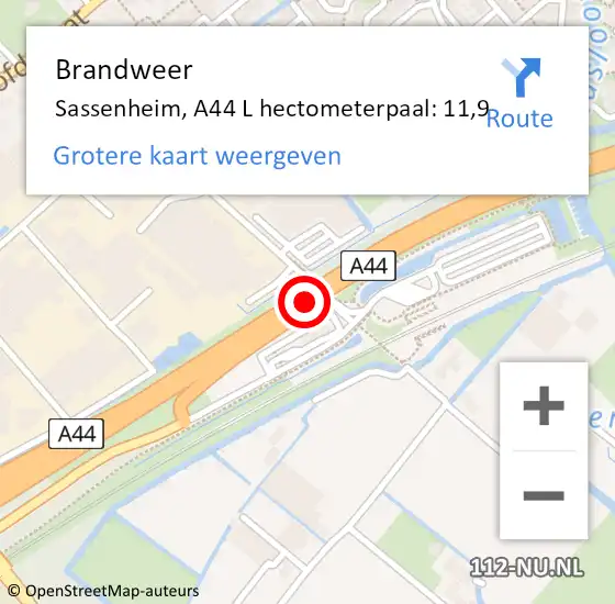 Locatie op kaart van de 112 melding: Brandweer Sassenheim, A44 L hectometerpaal: 7,9 op 2 september 2014 09:30
