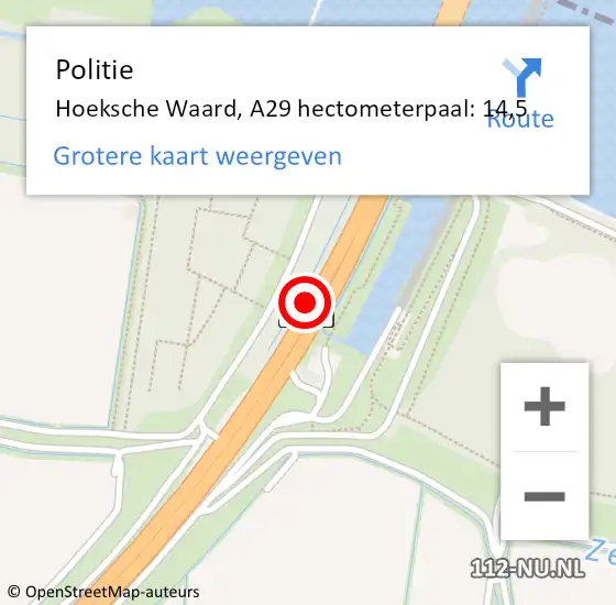 Locatie op kaart van de 112 melding: Politie Hoeksche Waard, A29 hectometerpaal: 14,5 op 19 juli 2023 15:49