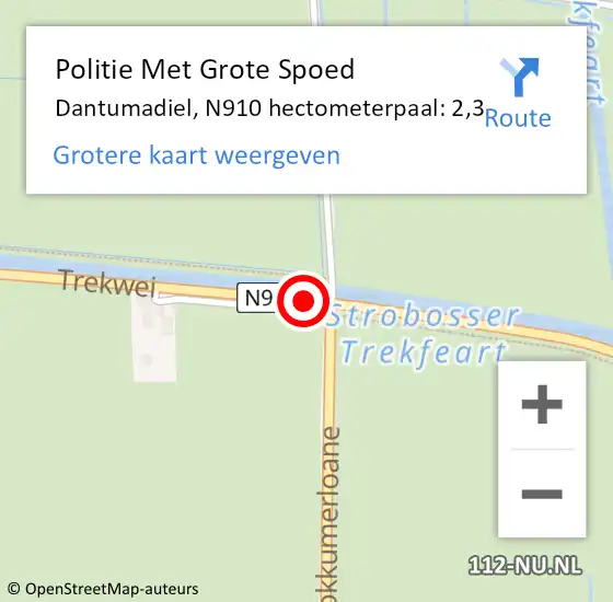 Locatie op kaart van de 112 melding: Politie Met Grote Spoed Naar Dantumadiel, N910 hectometerpaal: 2,3 op 19 juli 2023 16:21