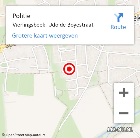 Locatie op kaart van de 112 melding: Politie Vierlingsbeek, Udo de Boyestraat op 19 juli 2023 16:48