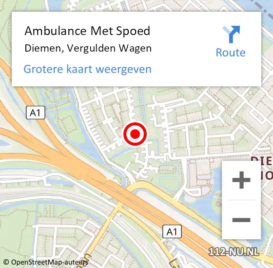 Locatie op kaart van de 112 melding: Ambulance Met Spoed Naar Diemen, Vergulden Wagen op 19 juli 2023 17:01