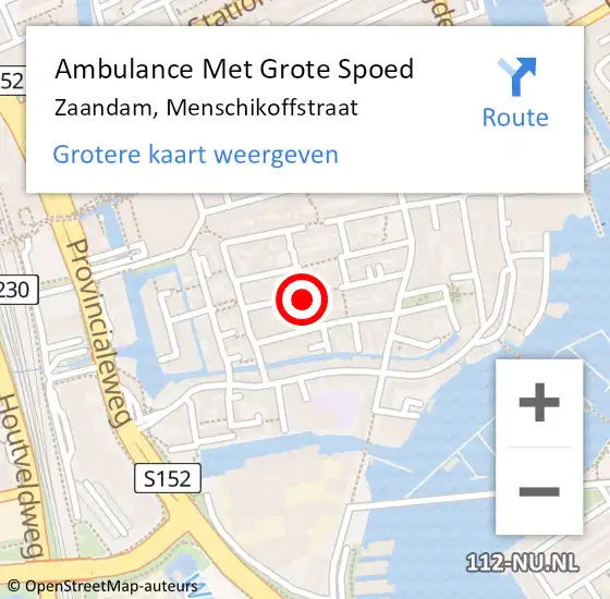 Locatie op kaart van de 112 melding: Ambulance Met Grote Spoed Naar Zaandam, Menschikoffstraat op 19 juli 2023 18:26