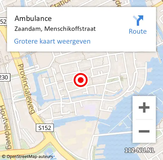 Locatie op kaart van de 112 melding: Ambulance Zaandam, Menschikoffstraat op 19 juli 2023 18:26