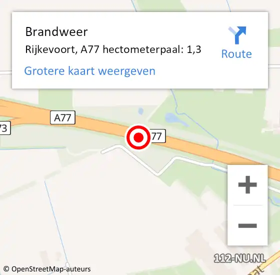 Locatie op kaart van de 112 melding: Brandweer Rijkevoort, A77 hectometerpaal: 1,3 op 13 oktober 2013 12:12