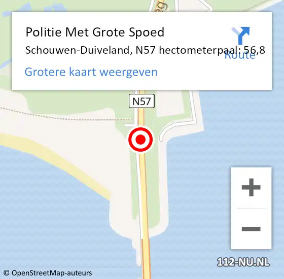 Locatie op kaart van de 112 melding: Politie Met Grote Spoed Naar Schouwen-Duiveland, N57 hectometerpaal: 56,8 op 19 juli 2023 21:37