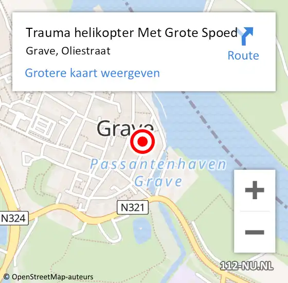 Locatie op kaart van de 112 melding: Trauma helikopter Met Grote Spoed Naar Grave, Oliestraat op 20 juli 2023 00:35