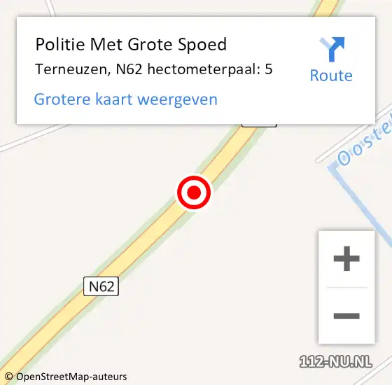 Locatie op kaart van de 112 melding: Politie Met Grote Spoed Naar Terneuzen, N62 hectometerpaal: 5 op 20 juli 2023 03:42