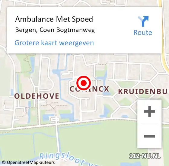 Locatie op kaart van de 112 melding: Ambulance Met Spoed Naar Bergen, Coen Bogtmanweg op 20 juli 2023 04:59