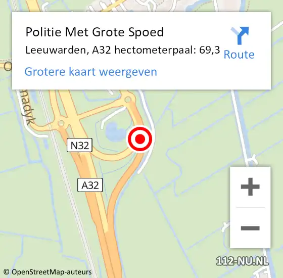 Locatie op kaart van de 112 melding: Politie Met Grote Spoed Naar Leeuwarden, A32 hectometerpaal: 69,3 op 20 juli 2023 08:05