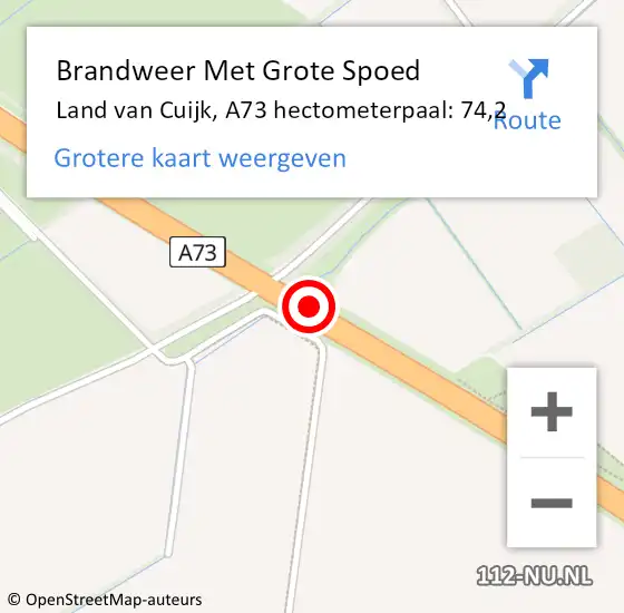 Locatie op kaart van de 112 melding: Brandweer Met Grote Spoed Naar Land van Cuijk, A73 hectometerpaal: 74,2 op 20 juli 2023 13:47