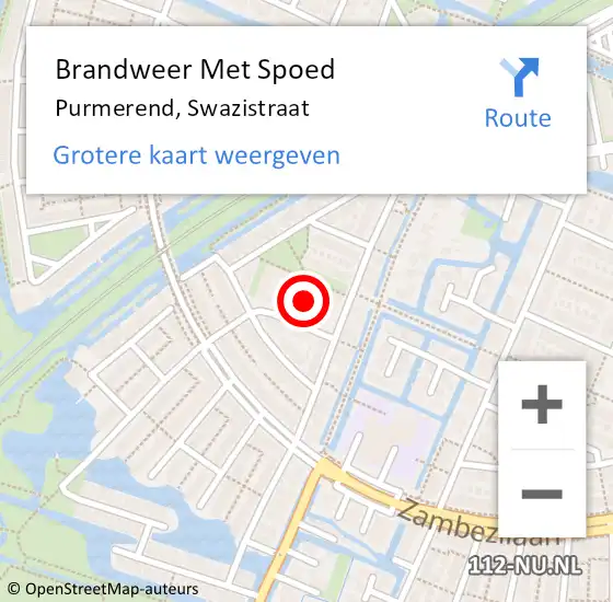 Locatie op kaart van de 112 melding: Brandweer Met Spoed Naar Purmerend, Swazistraat op 20 juli 2023 14:55